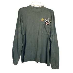 VTG 90s Looney Tunes Warner Bros Mock Neck Embroidered Top Size XL Green